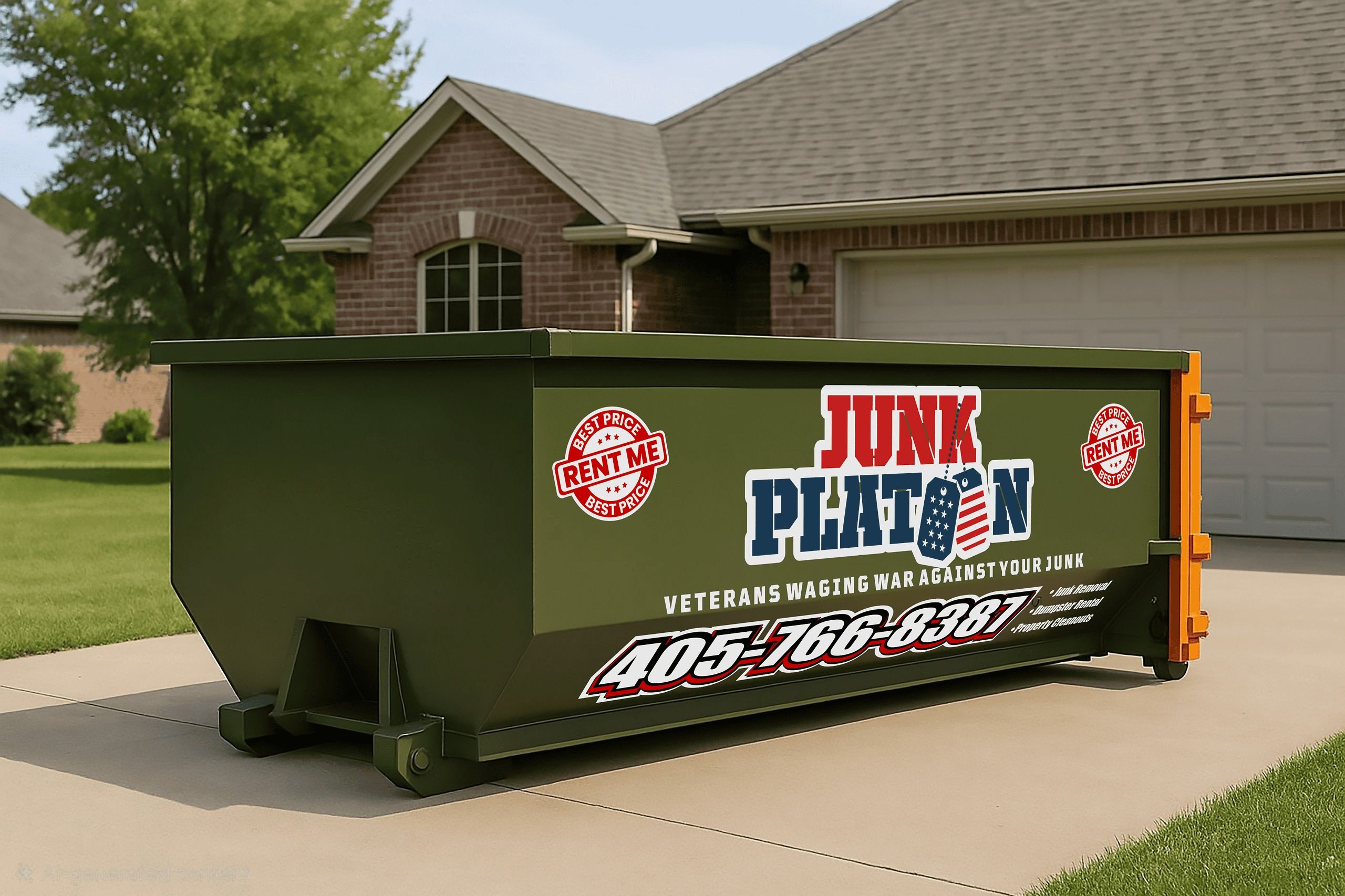 A green Junk Platoon roll-off dumpster placed on a residential driveway